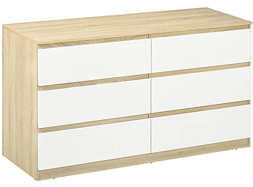 HOMCOM Cassettiera 6 Cassetti Moderna in Legno, 135x48x77cm, Bianco e Legno