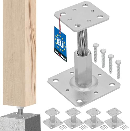 KOTARBAU® 4er Set Pfostenträger 80 x 80 mm Höhenverstelbar 90 – 150 mm Pfostenschuh Galvanisch Verzinkt Zum Aufschrauben Stützenfuß Stützfuß Bodenfuß Betonfuß Regulierbar