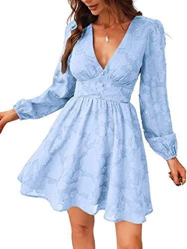 CUPSHE - Abito da donna in pizzo con scollo a V, a maniche lunghe, motivo floreale, linea A, mini abito elegante per feste, tempo libero, Azzurro, S