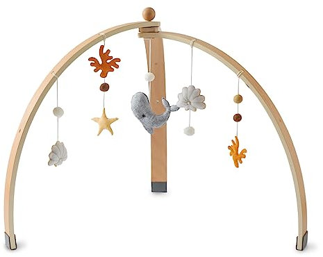 Promise Babe Spielbogen Baby Holz für Babies, Baby Spielbogen mit Abnehmbaren Meerestiere Spielzeuge zum Greifen,Wickeltisch Babybett Laufstall Spielbogen mit Plüsch Korallen Wale Delfine Muscheln