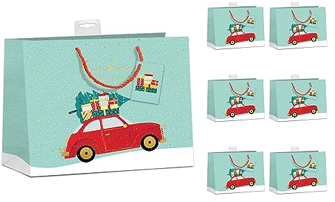 PremiumLine Geschenktüten Weihnachten Groß, 6 Stück | Hochwertig beschichtet & mit Beschriftungskarte | Sehr Stabil, Verstärkter Boden & Rand | FSC® Karton 210 g/m² | DIN A4 (26x32x12cm)