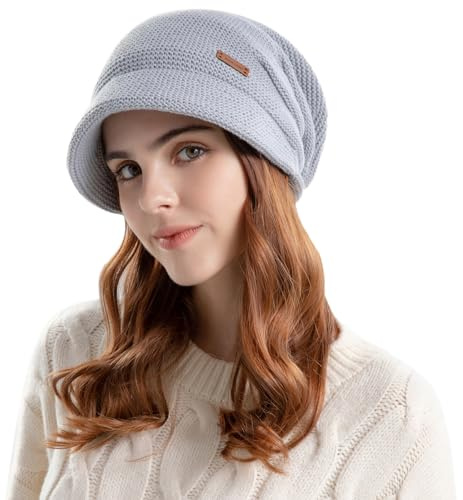 Enwokran Damen Strickmütze Beanie Mütze Gefüttert Fleece mit Krempe Baskenmütze Warme Schirmmütze für Winter