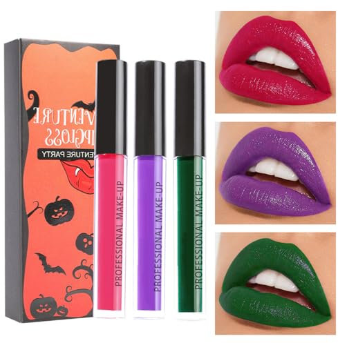 3Pcs Green Purple Red Liquid Lipstick Set- Gothic Lipstick/Black Lip Stain/High Pigment Velvet Lip Gloss Lip Stick Makeup for Halloween Cosplay Party Christmas (Set B)