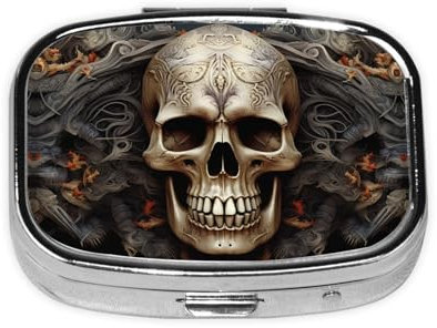 OUSIKA Pillendose mit Totenkopf-Motiv, Metall, tragbar, Reise-Pillen-Organizer für Tasche oder Geldbörse, dekorative Medizin-Box, Vitaminbehälter mit 3 Fächern