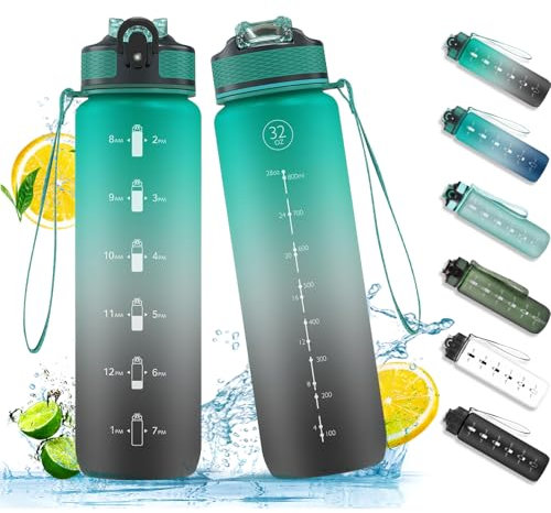 NAVTUE 1L Water Bottle with Straw, Sports Drinks Bottle with Time Markings, Leak Proof, Tritan BPA free for School/Cycling/Running (Black Green)