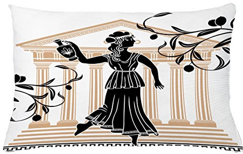 ABAKUHAUS Retro Kissenbezug 2er-Pack, Griechische Frau mit Amphore Temple und Olive Branches Kultur Folk-Muster, Kissenhülle mit Reißverschluss Beidseitiger Druck, 65 x 40 cm, Sand Braun Schwarz