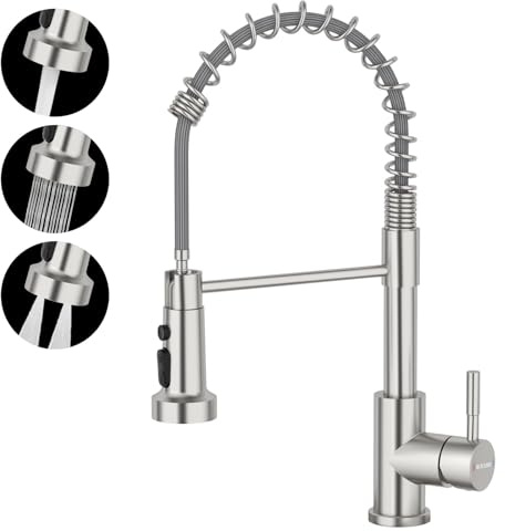 BLYLUND Kitchen Tap with Pull Down Sprayer, High Arc Commercial Spring 3 Modes Kitchen Sink Tap, SUS304 Stainless Steel Faucet for Farmhouse Camper Laundry Rv Bar, Brushed Nickel