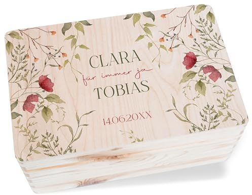 Holzkiste Erinnerungsbox - Für immer ja | Persönliche Liebesgeschenke mit Namen & Datum | Erinnerungen Hochzeit Geldgeschenk Box Brautpaar | Verlobung | Beziehung | Liebe - 30x20x14 cm - Holz