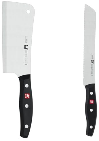 ZWILLING Twin Pollux Hackmesser, Klingenlänge: 15 cm & Twin Pollux Brotmesser, Klingenlänge: 20 cm, Klingenblatt mit Wellenschliff, Rostfreier Spezialstahl/Kunststoff-Griff im Nietendesign, Schwarz