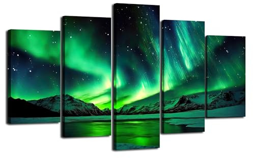 Visario Leinwandbild Nordlichter Polarlichter Berge See 200 x 100 cm 5-teilig Direktdruck auf Leinwand mit Holzrahmen Wandbild Kunstdruck XXL Wanddeko für Wohnzimmer Schlafzimmer Artikelnr. 6349