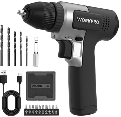 WORKPRO 8V Taladro Inalámbrico, Taladro Eléctrico con Portabrocas 3/8'', Destornillador Eléctrico, Atornillador con Velocidades Variables, Atornillador Recargable Tipo C, con 15pzas Accesorios, Negro