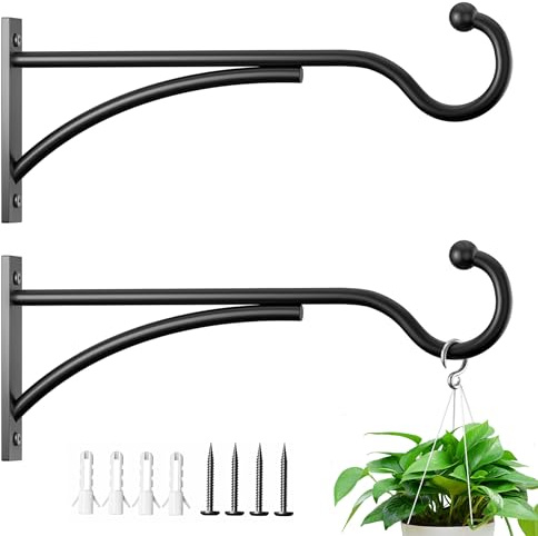 28 cm 2 Pack Heavy-Duty Metal Plant Hanger Hooks, Outdoor，for Baskets | 30 lb capacity | Matte black finish | Wall-mounted outdoor hooks for wind chimes, lanterns and garden | Black | Heavy Duty