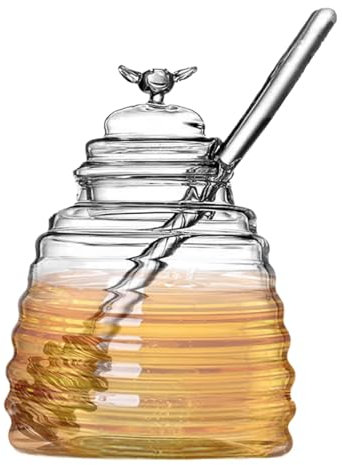 Pot À Miel en Verre de 500 Ml Avec Cuillère et Couvercle, Distributeur de Sirop Transparent de Grande Capacité, Récipient Polyvalent