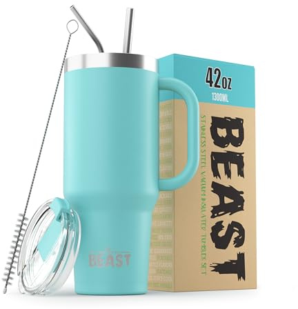 Beast Tumbler with Handle - 1300 ml (42 oz), Aquamarine Blue | Reusable Stainless Steel, Vacuum Insulated Cup | with + 2 Straws & Cleaning Brush | Double Wall Travel Flask for Hot or Iced Coffee