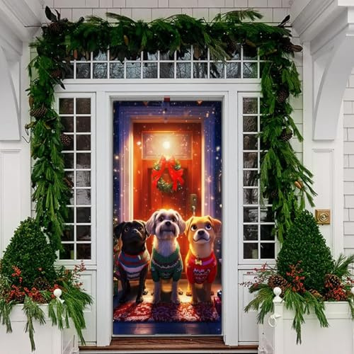 Weihnachten Türabdeckung Dekoration Niedlich Hund Tür Abdeckung Weihnachtsmann Hintergrund Banner Weihnachten Hängend Tür Banner für Feiertag Weihnachten Haustür Deko 200x90cm (A)