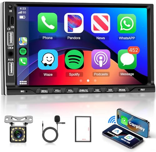 Doppel Din Autoradio, Hodozzy 2 Din Autoradio mit Wireless Carplay und Android Auto, 7 Zoll HD Touchscreen MP5 Player Auto mit Bluetooth FM Radio, Mirror Link Auto USB/AUX/TF Radio mit Rückfahrkamera