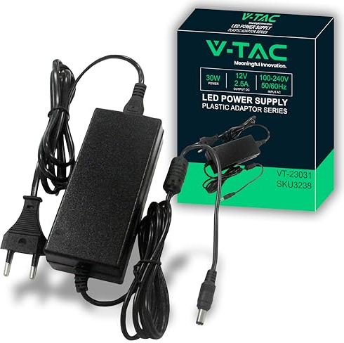 V-TAC Adaptador de Corriente 12V 30W 2,5A - Fuente de Alimentación para Cámaras, Tiras LED, Módems - Transformador 12V Doméstico para Pantallas, Equipos Electrónicos - Entrada AC 100-240V