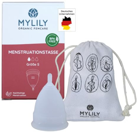 MYLILY® Menstruationstasse inkl. Beutel zum Transport | 100% medizinisches Silikon I Periodentasse I Nachhaltig & kostensparend I Menstrual Cup | Frei von BPA und Latex | Wiederverwendbar I Small