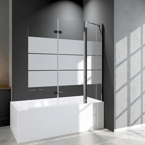 WDWRITTI Duschwand für Badewanne 140x140cm 3-teilig Duschabtrennung, Faltbar Weiß Gestreift Badewannenaufsatz mit Seitenwand, Duschtrennwand mit 6mm ESG Sicherheitsglas, Badewannenfaltwand in Chrom