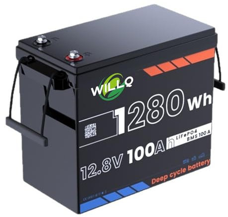 WILLQ Batería Litio LiFePO4 12V 100Ah Ciclo Profundo 6000+, con BMS 100A y 1280W energía para vehículos recreativos, energía Solar, Motores de Arrastre y baterías Respaldo para Camping