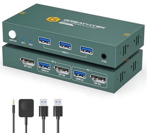 8K@60Hz Displayport KVM Switch 2 PC 1 Monitore, USB3.0 KVM Switches für 2 Computer die sich Monitor, Tastatur und Maus, mit Desktop Controller und 2 USB 3.0 Kabeln, adaptive EDID