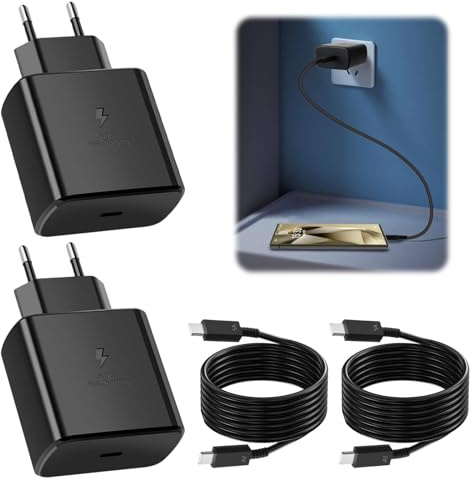 2Pcs Chargeur Charge Rapide USB C 45w Compatible avec Samsung Galaxy S25 S24 S23 S22 S21 A55 A54 A53 A52 20 S9 S8, Chargeur Secteur Type C avec 2 Cables USB-C 1M, Adaptateur Charge Rapide Téléphone