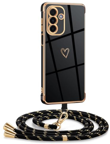 Mkej Coque pour Samsung Galaxy A17 5G avec Cordon, Coque avec Collier Motif Coeur d'amour Silicone Galvanisé Housse, Réglable Amovible de Cordon Case pour Samsung Galaxy A17 5G, Or Noir