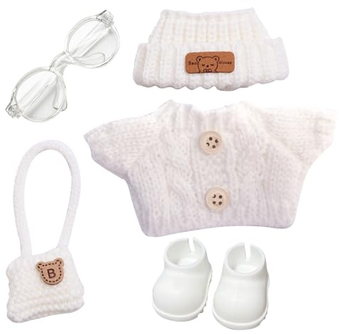 ZXTGBQ Poupées Vêtements, Accessoires pour Poupées, Set 5 Pièces : Pull, Chapeau, Mini Sac, Lunettes, Chaussures, Cadeaux Enfants (Blanc)