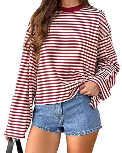 Women Striped Long Sleeve Top Crew Neck Color Block Tee Shirts Loose Basic T Shirt Fall Fashion 2025