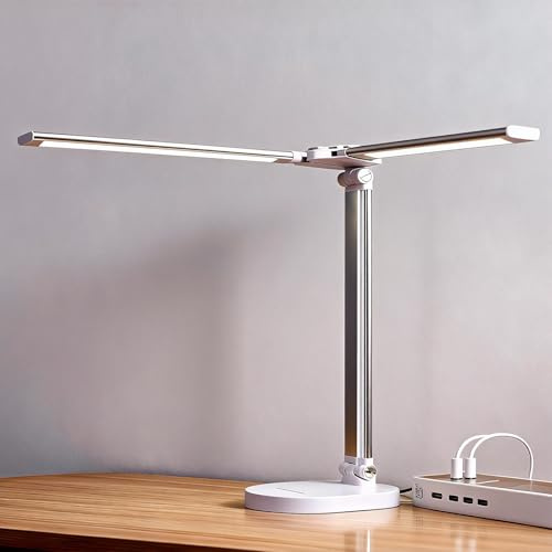 Schreibtischlampe LED Dimmbar, Berührungssteuerung Büro Tischlampe mit 5 Farben und 10 Helligkeitsstufen, Augenschutz Doppelkopf Tageslichtlampe Schreibtisch Led Dimmbar für Kinder Schlafzimmer Büro