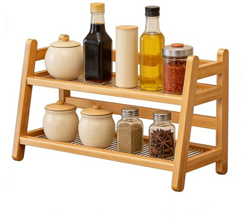 AXVRAV Tassenregal 2-stöckig aus Bambus, Küchen Organizer Rattanoptik Kaffeetassenhalter & Tee Matcha Station für Küche Arbeitsplatte & Zuhause Praktischer Tassenständer zur Aufbewahrung und Deko