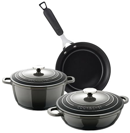Juego de Cacerola de Ø20cm - 2,4L y Cacerola baja de Ø24cm - 2,3L en aluminio + Sartén Ø24cm aluminio forjado EXCALIBUR Bergner