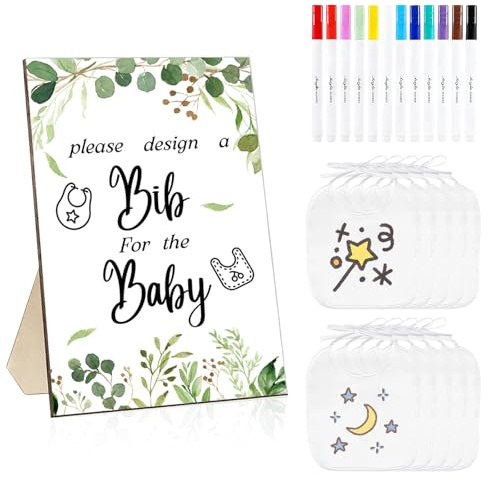 33 Stück Babyparty Spiele Set, Baby Party Spielset mit 1 Holzschild, 20 blanko Lätzchen und 12 Farbstiften, Babyparty Dekoration, Gender Reveal Party Aktivität für Gäste
