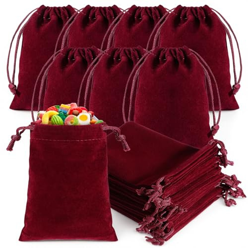 PEOVLVN 20Pcs Velvet Jewelry Pouches, 3x4 Inch Velvet Bags with Drawstrings Small Jewelry Gift Bags for Wedding Christmas Thanksgiving Candy Dice Party Favors (Red)