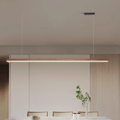 Yuelux Lineare Pendelleuchte Küche - Modernes Hängelampe aus Holz, Dimmbar & Höhenverstellbar - LED Inselbeleuchtung mit Fernbedienung für Kücheninsel, Esstisch, Wohnzimmer (Nussbaumfarbe, A-150cm)