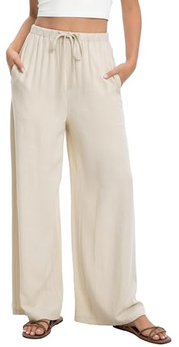 HONGTEYA Women's Cotton Linen Palazzo Pants Drawstring Elastic Waist (US, Alpha, Medium, Regular, Regular, Beige)