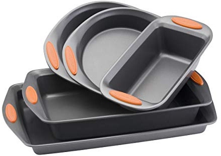 Rachael Ray 55673 Nonstick Bakeware Set with Grips includes Nonstick Bread Pan, Baking Pans and Cake Pans - 5 Piece, Gray with Orange Grips