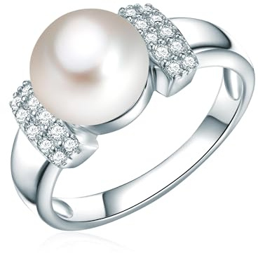 Valero Pearls Damen Ring 925/- Sterling Silber | rhodiniert, Perlenring, Zirkonia, weiß, Süßwasser-Zuchtperle, ca. 9,0 - 10,0 mm, weiß, button