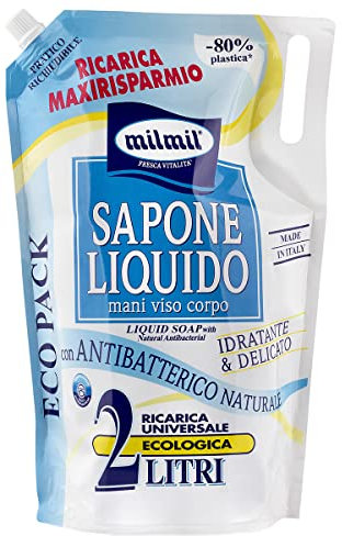 Milmil Sapone Liquido Neutro, Ricarica Universale Maxirisparmio, Dermatologicamente Testato con Antibatterico Naturale - 2000 ML