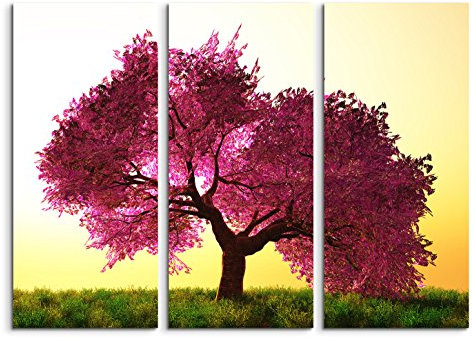 Sinus Art Leinwandbild 3 teilig je 40x90cm Bild – Blühender Kirschbaum auf sonniger Wiese