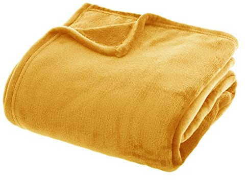 Atmosphera - Plaid uni en Flanelle - Jaune Moutarde 180x230 cm