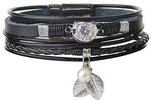 Cheerlife Vintage Damen Leder Wickelarmband mit Strass, Perle, Blätter, Flechtelement, Magnetverschluss Armband Geschenk Armschmuck (Schwarz)