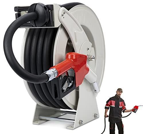 Ecojoy Fuel Hose Reel Retractable 3/4'' 50ft with Fueling Nozzle, Diesel Fuel Hose Reel Auto Spring Driven 300 PSI Industrial, Swivel Steel Construction Reel For Plane Ship Vehicle