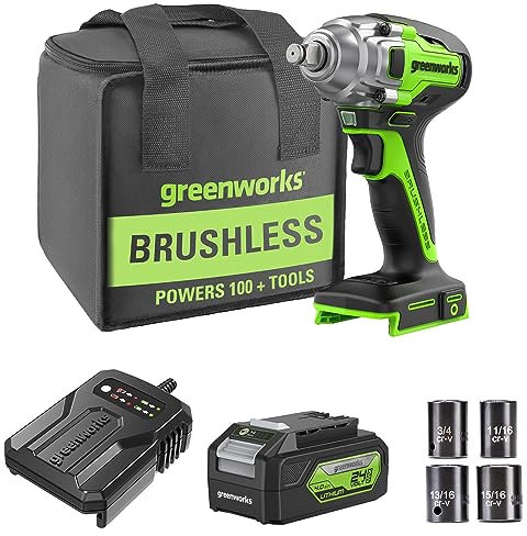 GreenWorks Avvitatore ad Impulsi, Brushless 400 Nm Avvitatori a Massa Battente da 24 V, Mandrino 1/2, con batteria da 4 Ah e caricatore