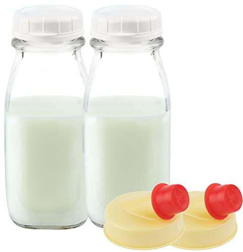kitchentoolz 12 Oz Square Glass Milk Jugs with Caps - Perfect Milk Container for Refrigerator - 12 Ounce Glass Milk Bottle with Tamper Proof Lid and Pour Spout - Pack of 2