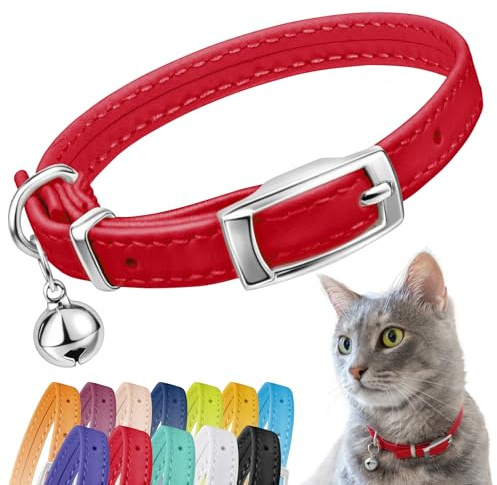 CollarDirect Leather Cat Collar with Removable Bell – Safety Elastic Strap (Breakaway Alternative) – Kitten Collar for Small & Big Boy & Girl Cats