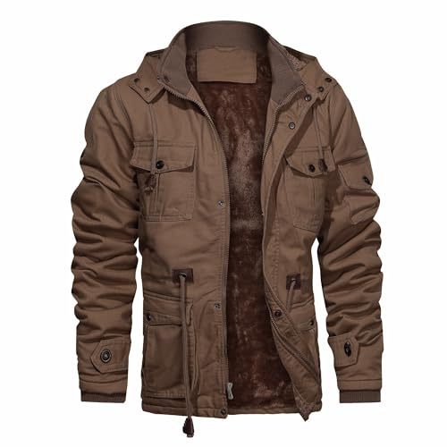 CHEXPEL Herren Dicke Winterjacken mit Kapuze Fleecefutter Baumwolle Militär Jacken Arbeitsjacken mit Cargotaschen, Braun-01, L