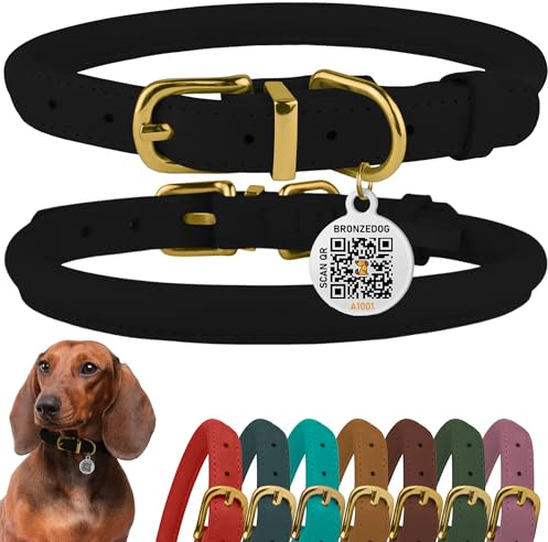 BRONZEDOG Hundehalsband aus gerolltem Leder mit QR-ID-Tag, verstellbar, weiche runde Halsbänder für kleine, mittelgroße und große Hunde, Welpen, Katzen (Schwarze Nacht, 18-25 cm)