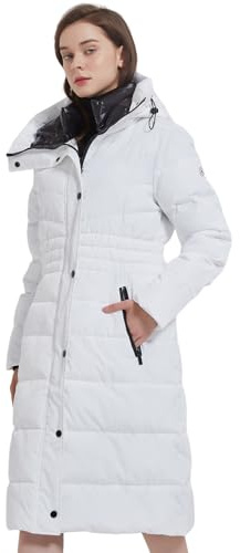 IKAZZ Long Quilted Coat, Women's Winter Outerwear Thickened Warm Long Sleeve Insulated Rain Water-Resistant Vegan Down Parka Jacket with Hood, White XL