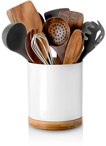 Nucookery 360° Rotating Utensil Holder, 7.2 Large Utensil Crock, White Ceramic Cooking Utensil Organizer with Countertop-Protection Cork Bottom for Farmhouse Kitchen Decor Gift (White)